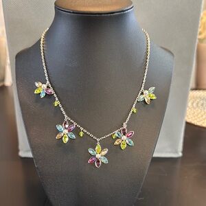 Touchstone Crystal Multicolor Floral Crystal Necklace in Silver Tone